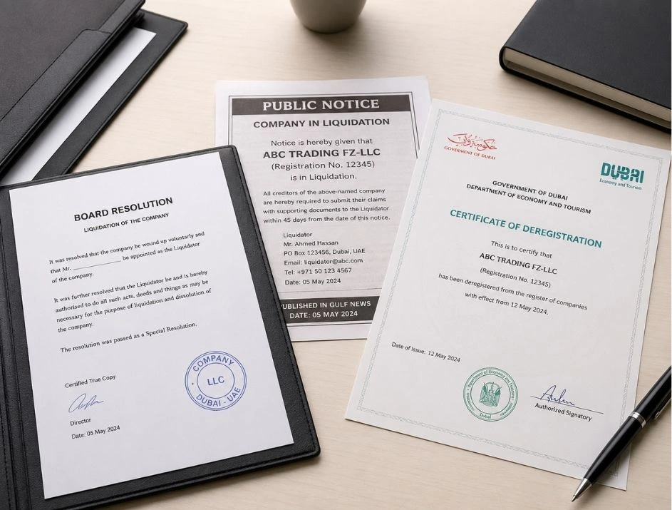 Company liquidation process documents — board resolution and deregistration certificate by Modest Consulting Services UAE